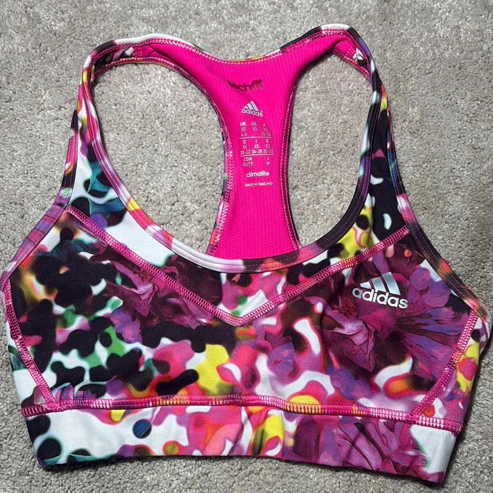 Adidas Pink purple Sports Bra Racerback women’s small abstract floral multicolor